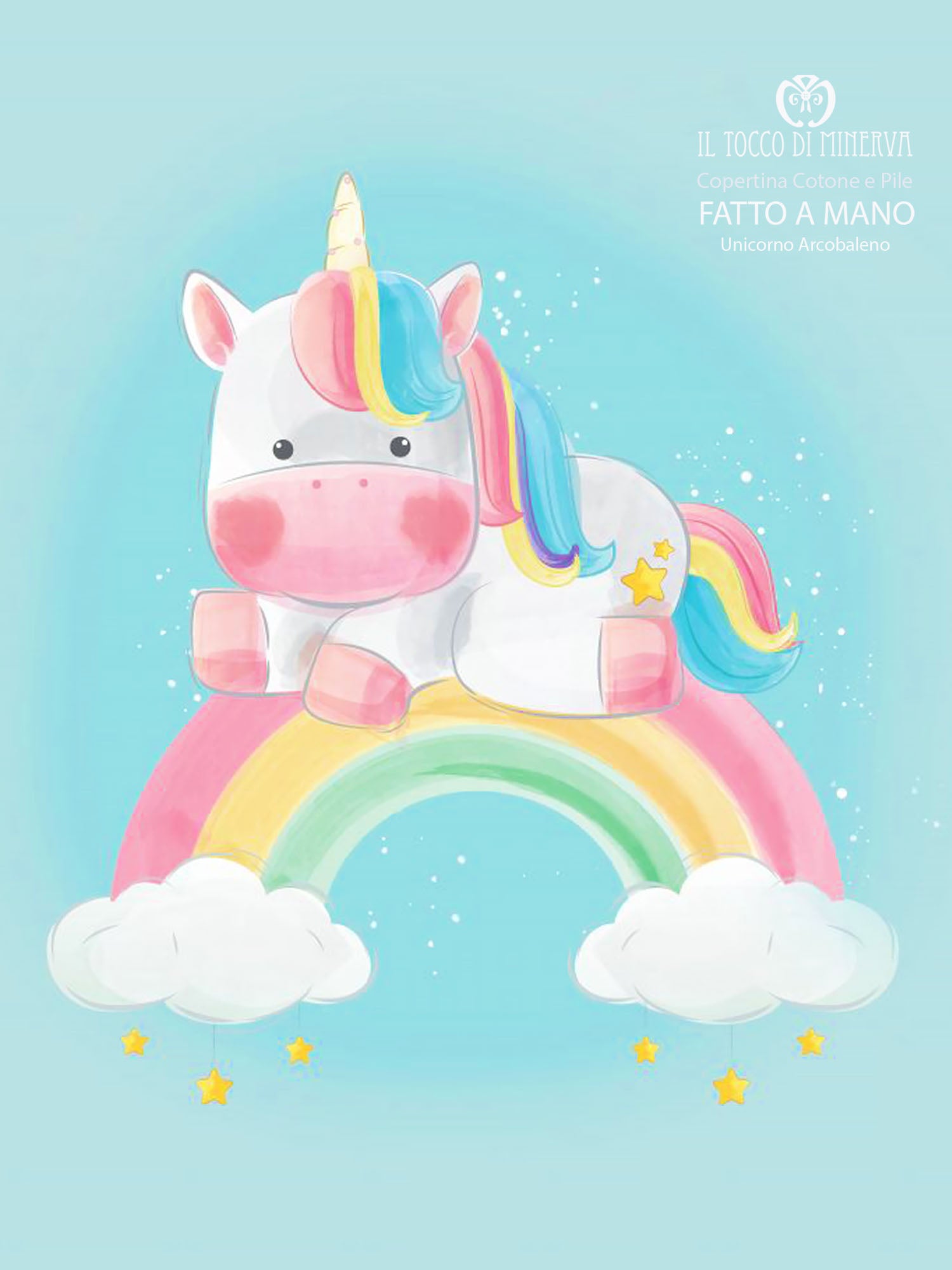 Copertina  in Pile pois petrolio e Cotone unicorno arcobaleno - Fatto a Mano - Il Tocco di Minerva
