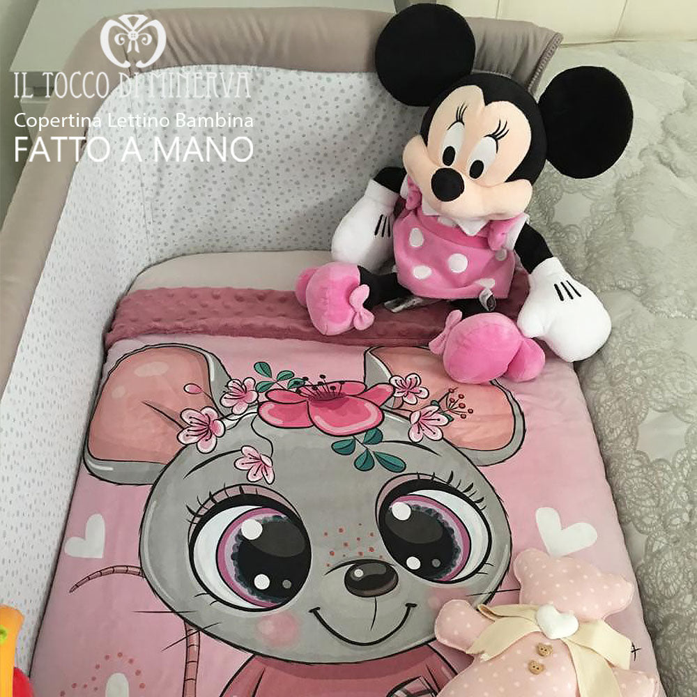 Copertina Neonato in Pile rosa antico e Cotone Topolina - Fatto a Mano - Il Tocco di Minerva