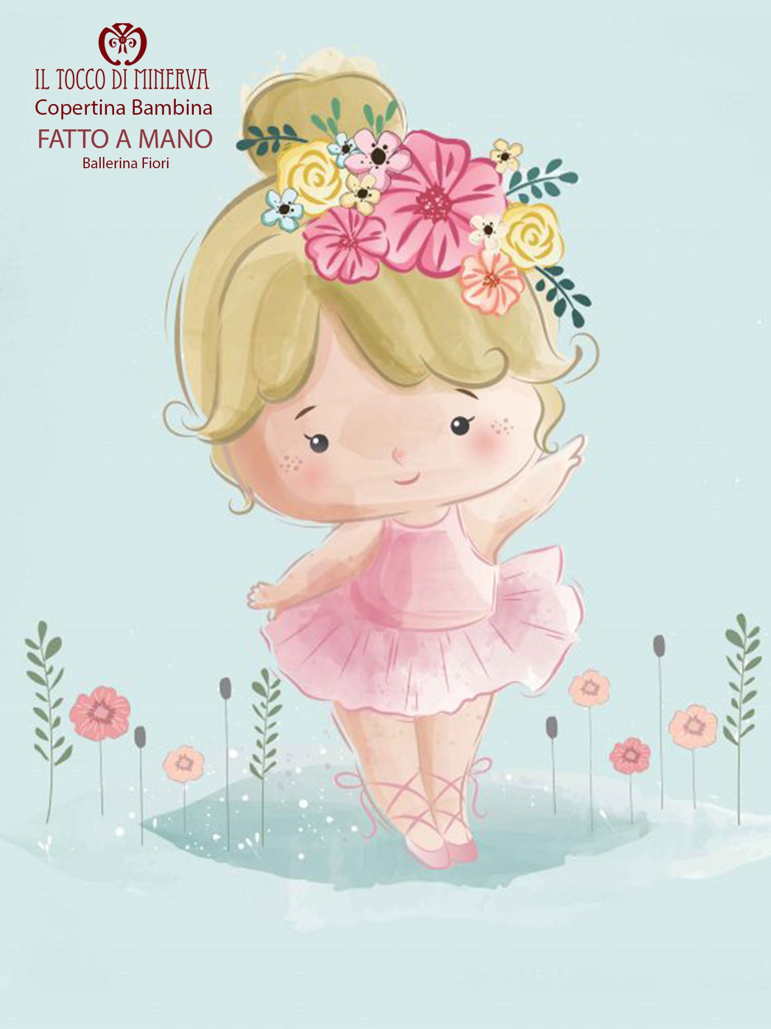 Copertina Bambina in Pile rosa antico e Cotone Ballerina Fiori - Fatto a Mano - Il Tocco di Minerva