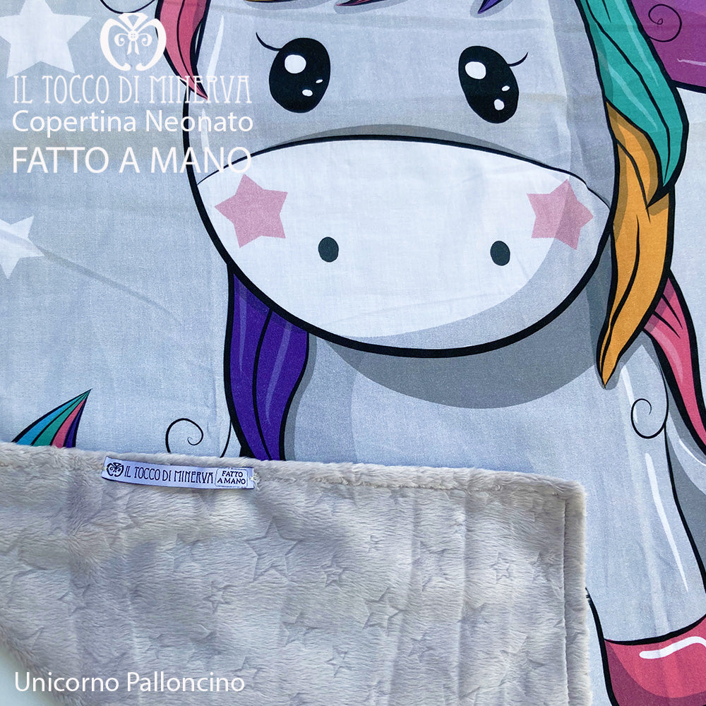 Copertina Unicorno con Palloncino in Pile stelle grigio e Cotone - Fatto a Mano - Il Tocco di Minerva