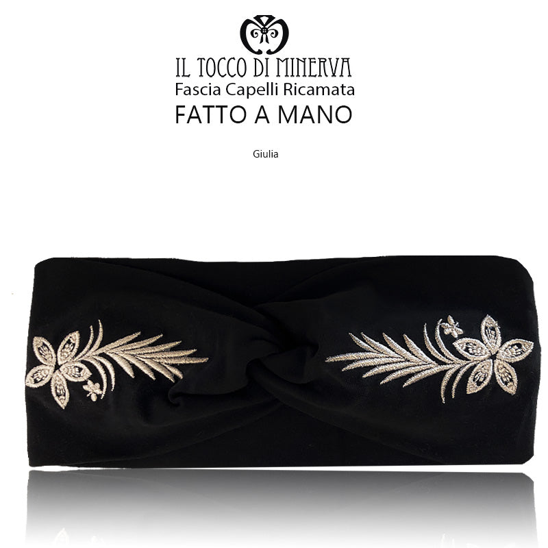 Fascia Capelli in cotone Nera con ricamo in seta - Fatto a Mano - Il Tocco di Minerva