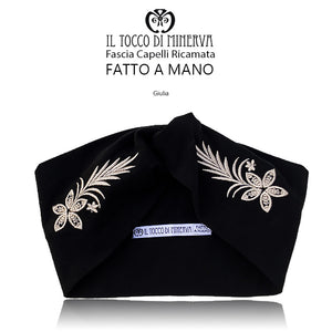 Fascia Capelli in cotone Nera con ricamo in seta - Fatto a Mano - Il Tocco di Minerva