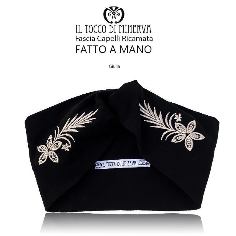 Fascia Capelli in cotone Nera con ricamo in seta - Fatto a Mano - Il Tocco di Minerva