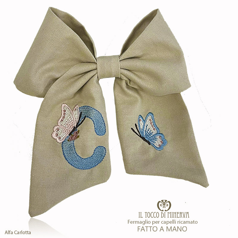 Fermaglio per capelli ricamato alfa Carlotta beige celeste - Fatto a mano