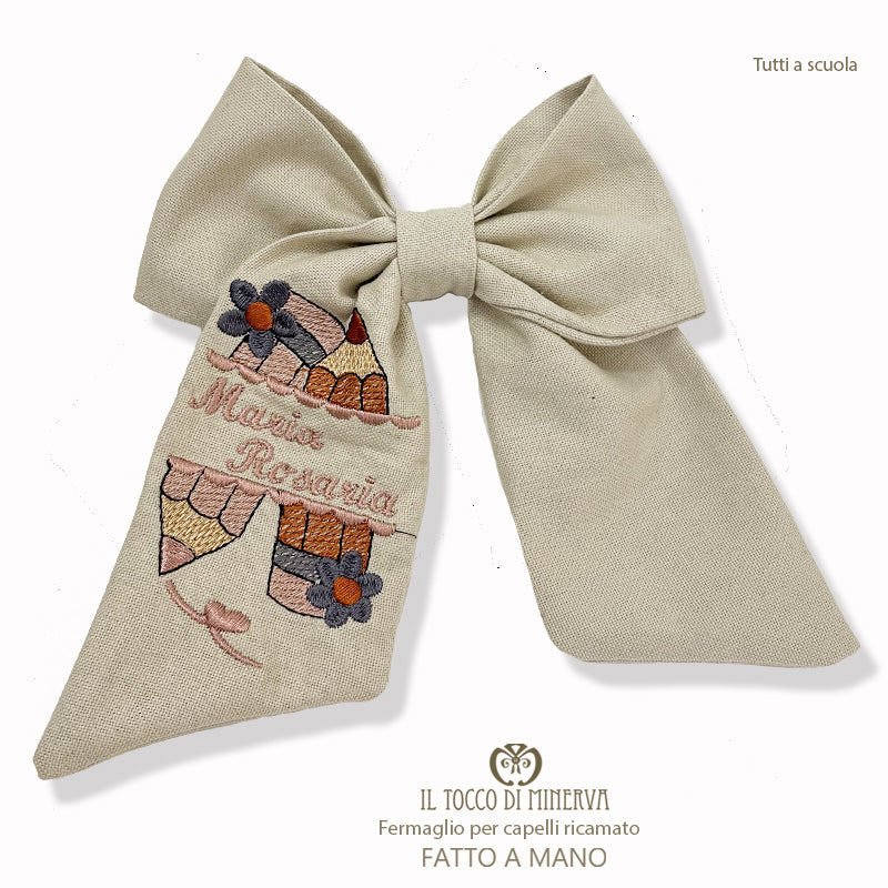 Fermaglio per capelli ricamato tutti a scuola beige - Fatto a mano