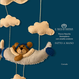 Fiocco Nascita aereoplano con orsetto aviatore Corrado - Fatto a Mano - Il Tocco di Minerva