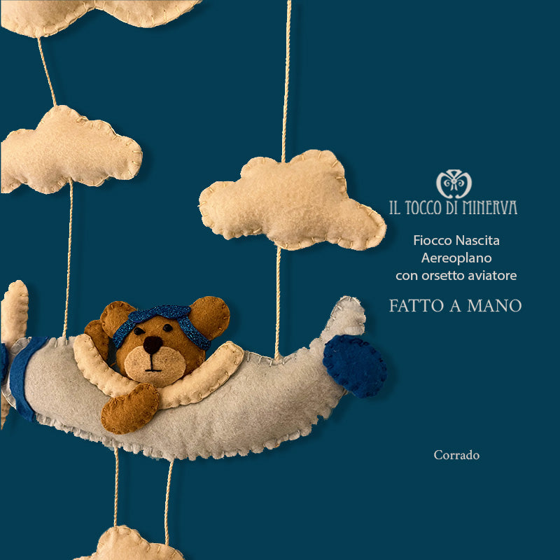 Fiocco Nascita aereoplano con orsetto aviatore Corrado - Fatto a Mano - Il Tocco di Minerva