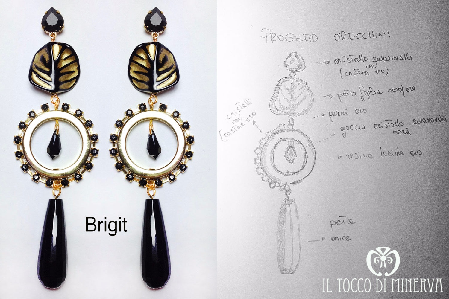 Orecchini onice nera,swarovski e resina Brigit Realizzati a mano - Handmade - Il Tocco di Minerva