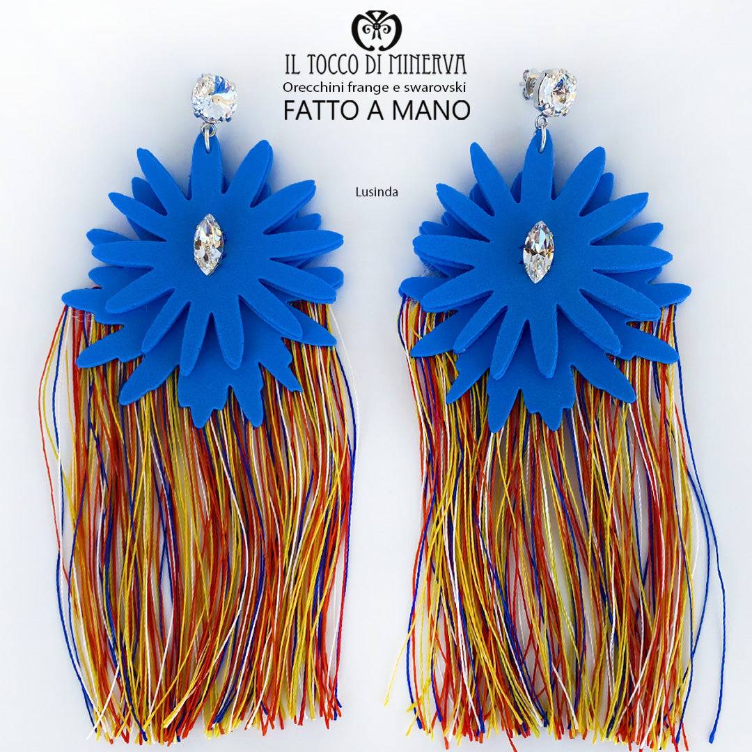 Orecchini frange multicolore e cristallo swarovski azzurro Lusinda Realizzato a Mano - Il Tocco di Minerva