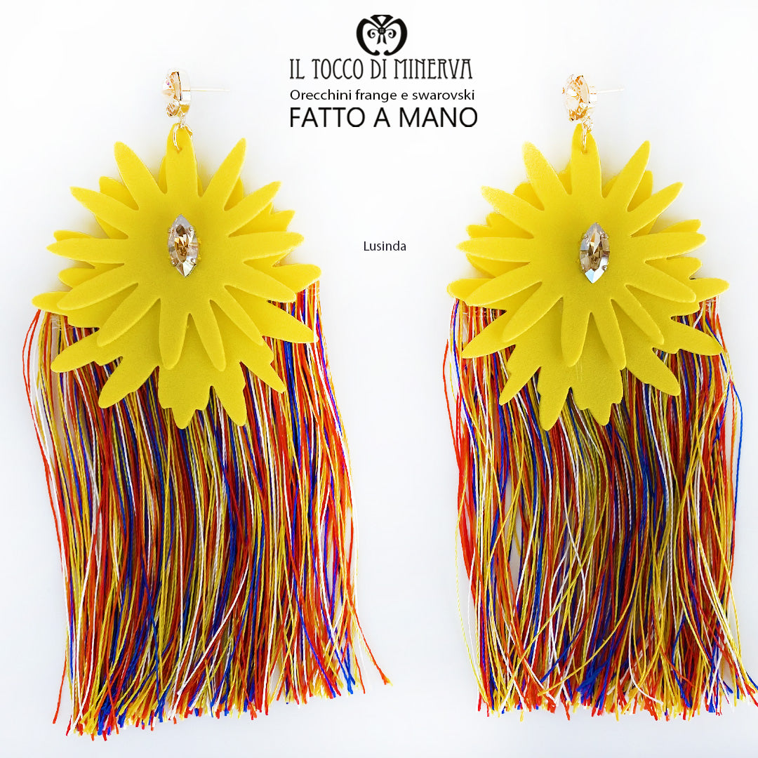 Orecchini frange multicolore e cristallo swarovski giallo Lusinda Realizzato a Mano - Il Tocco di Minerva