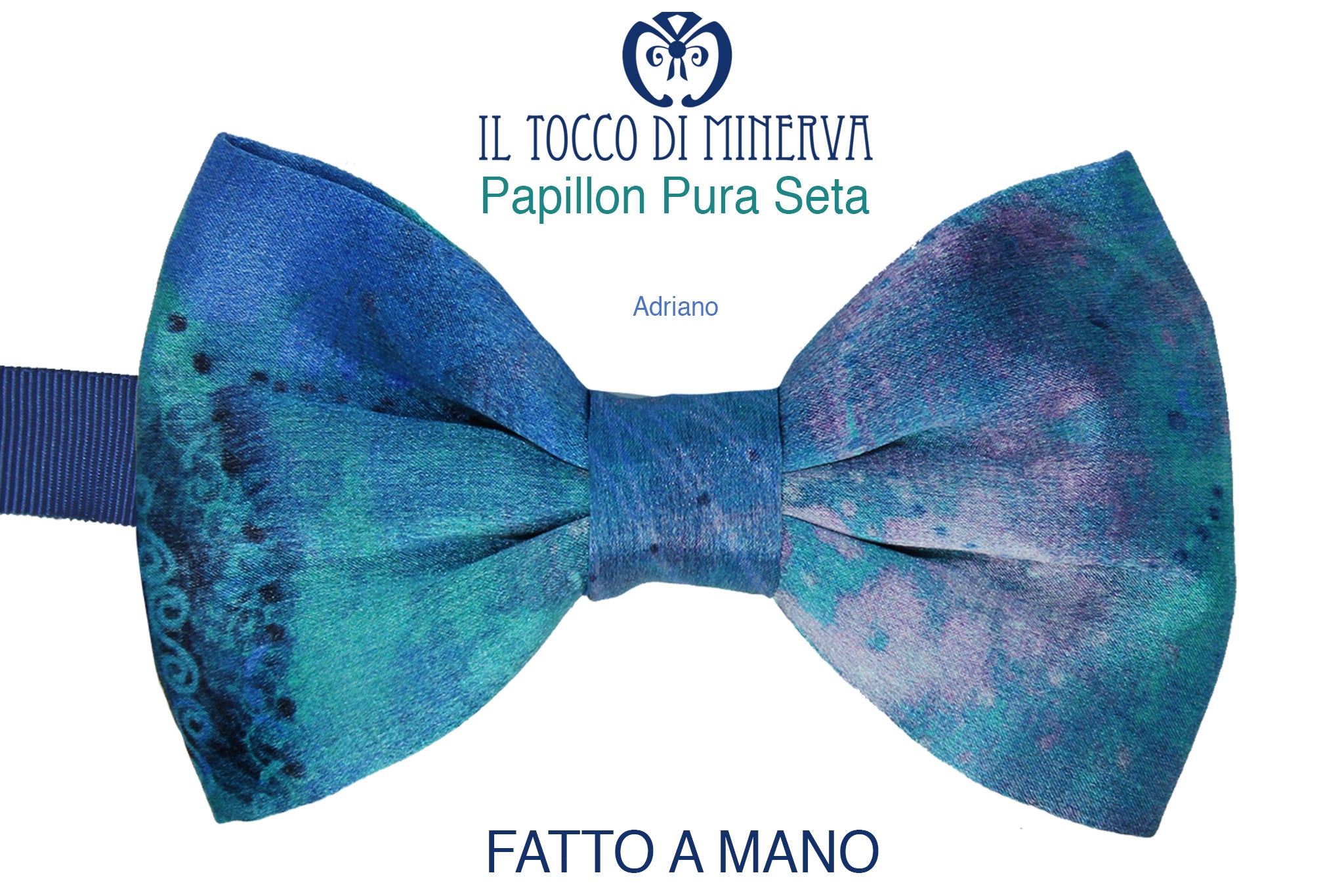 Papillon realizzato a mano in pura seta multicolore blu con tessuti d'alta moda Adriano - Realizzato a Mano - Il Tocco di Minerva