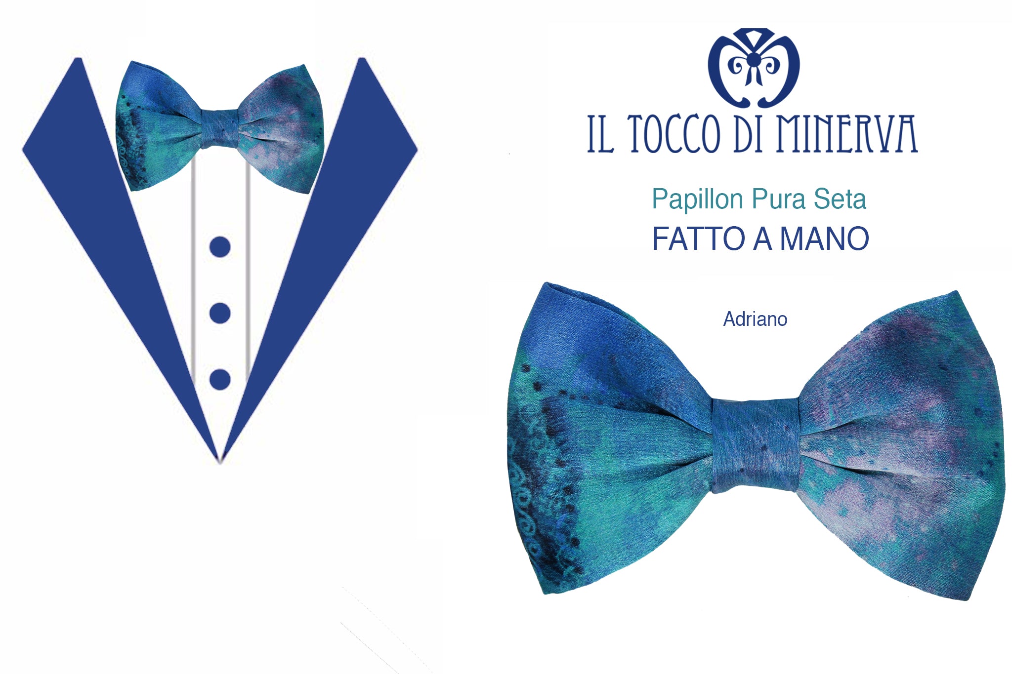 Papillon realizzato a mano in pura seta multicolore blu con tessuti d'alta moda Adriano - Realizzato a Mano - Il Tocco di Minerva
