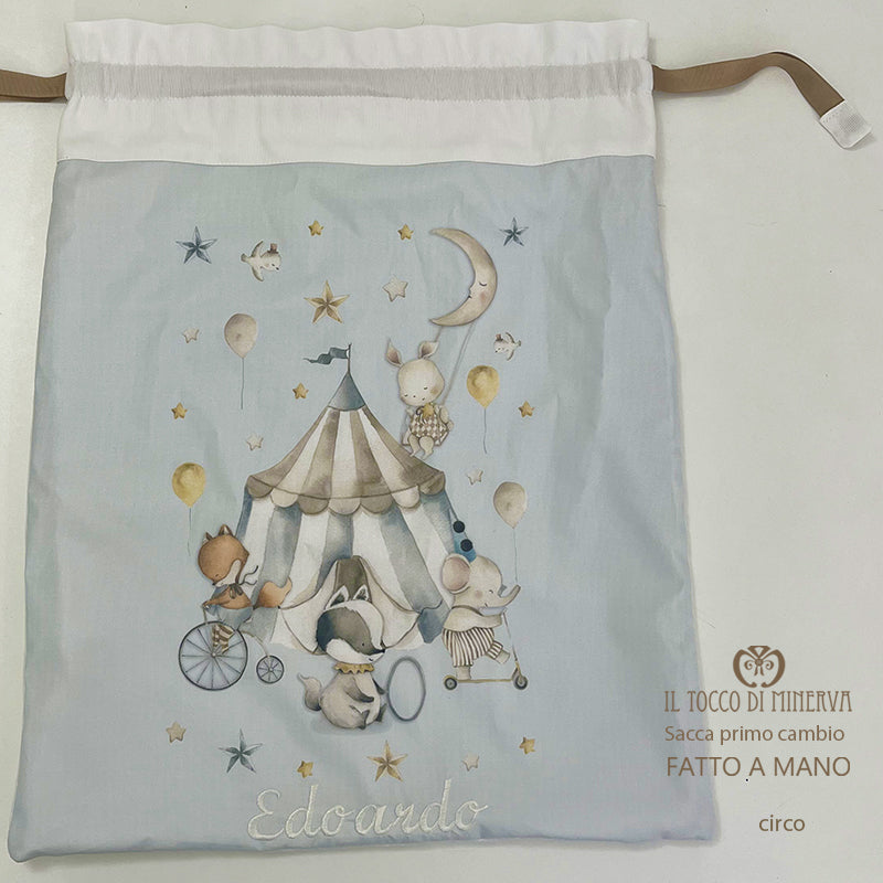 Sacca Primo Cambio Neonato in Cotone circo - Fatto a Mano
