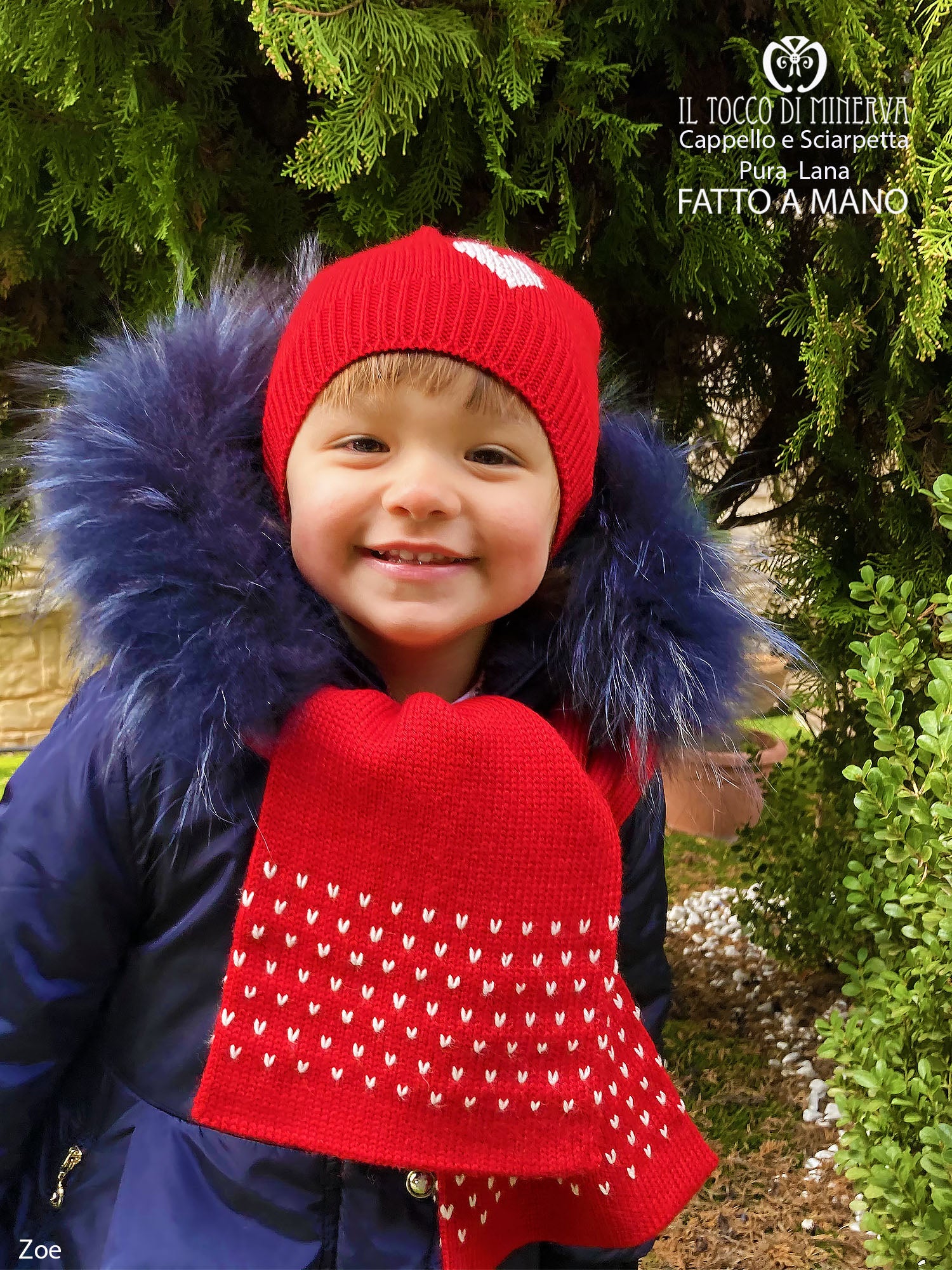 Sciarpa e cappello bimba  pura lana rosso e bianco zoe - Realizzato a Mano - Il Tocco di Minerva
