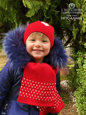 Cappello bimba pura lana rosso bianco zoe - Realizzato a Mano - Il Tocco di Minerva