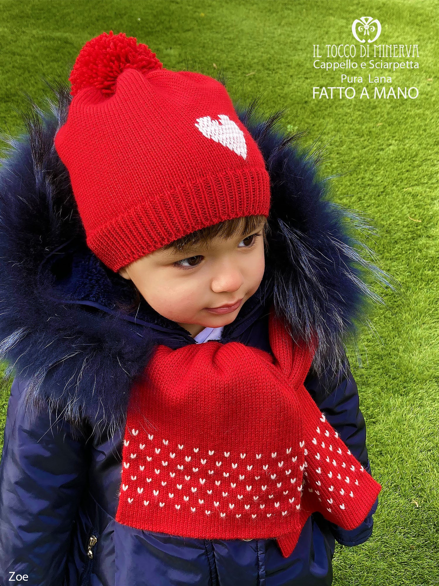 Cappello bimba pura lana rosso bianco zoe - Realizzato a Mano - Il Tocco di Minerva