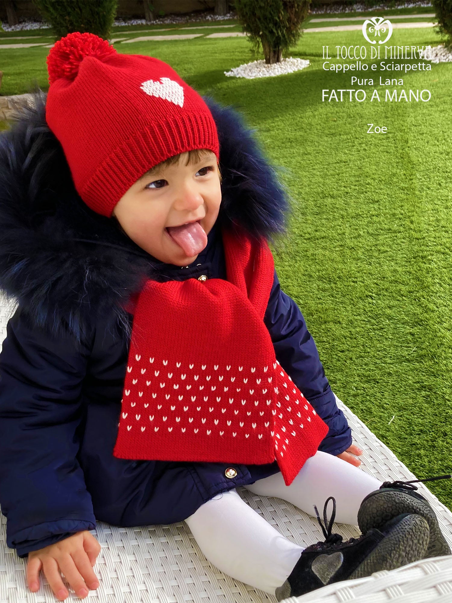 Sciarpa e cappello bimba  pura lana rosso e bianco zoe - Realizzato a Mano - Il Tocco di Minerva