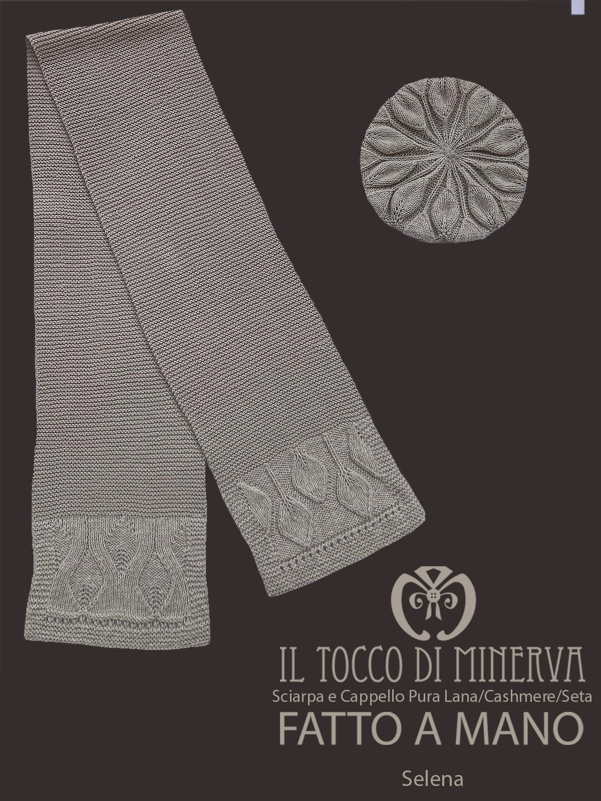 Sciarpa e cappello pura lana cashmere e seta tortora Selena - Realizzato a Mano - Il Tocco di Minerva
