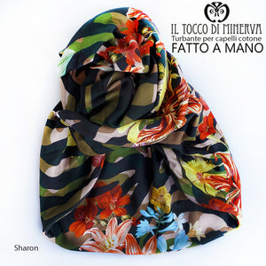 Turbante per capelli Cotone camouflage fiorato  Sharon Realizzato a Mano - Il Tocco di Minerva