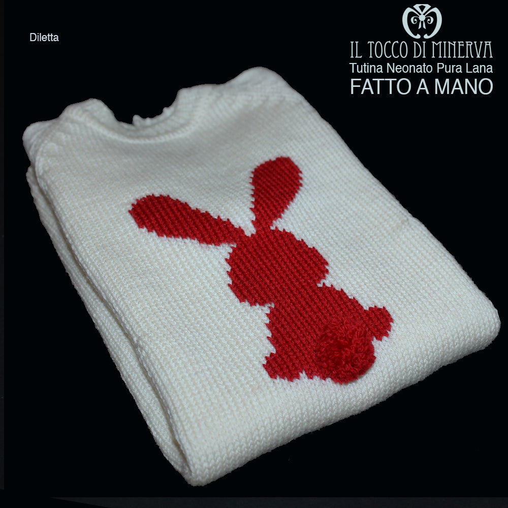 Tutina Neonato panna rosso Pura Lana Diletta Realizzata a Mano - Il Tocco di Minerva
