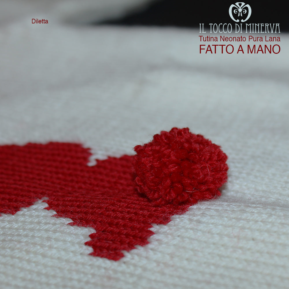 Tutina Neonato panna rosso Pura Lana Diletta Realizzata a Mano - Il Tocco di Minerva