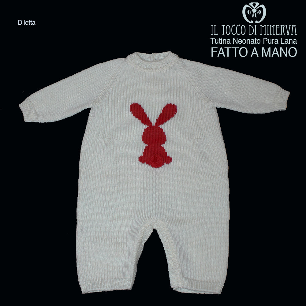 Tutina Neonato panna rosso Pura Lana Diletta Realizzata a Mano - Il Tocco di Minerva