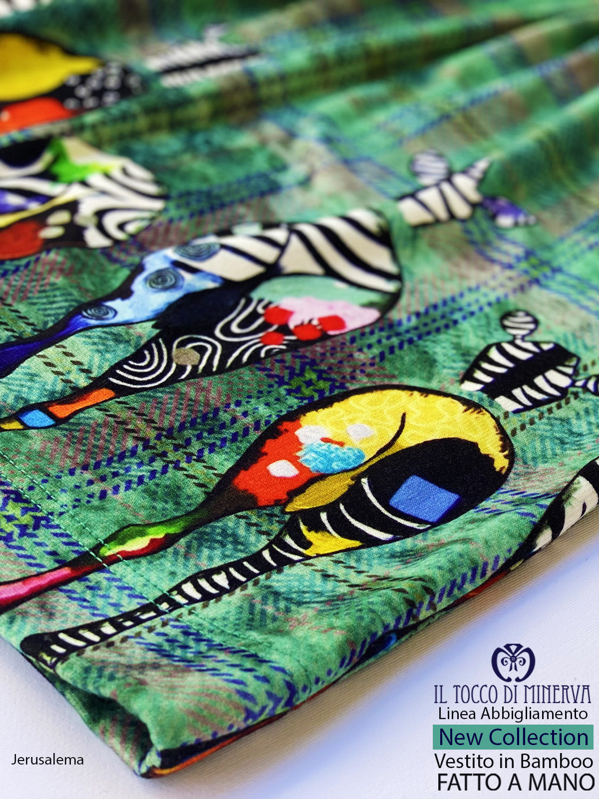 Vestito Jerusalema verde zebrato in fibra naturale di bamboo - Fatto a mano - Il Tocco di Minerva
